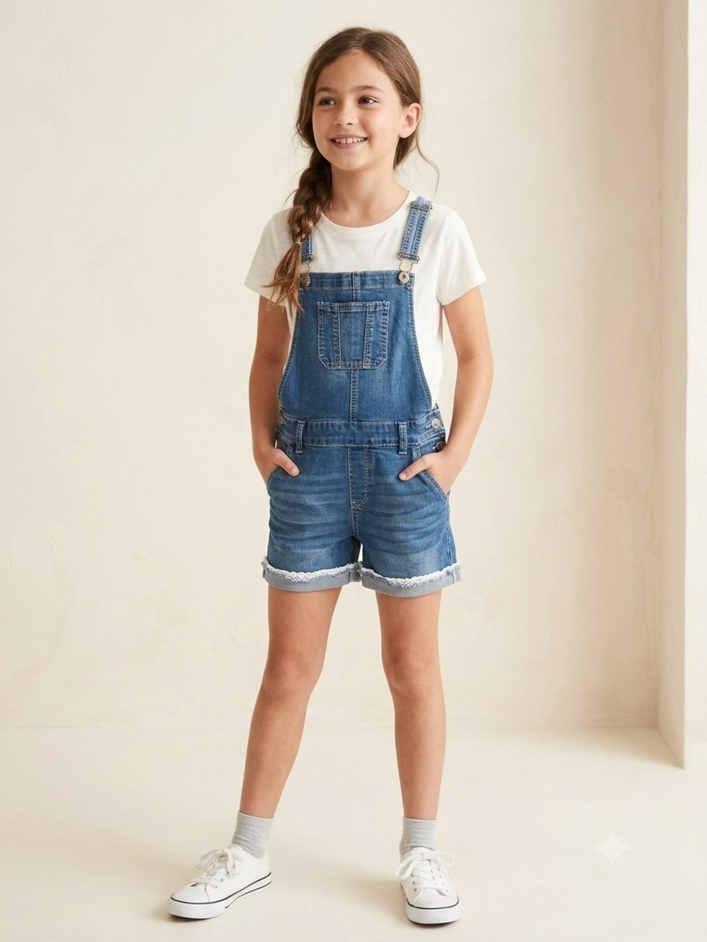 True Craft Girls Size 14 Denim Shortalls Lace Trim Overalls Blue Jean